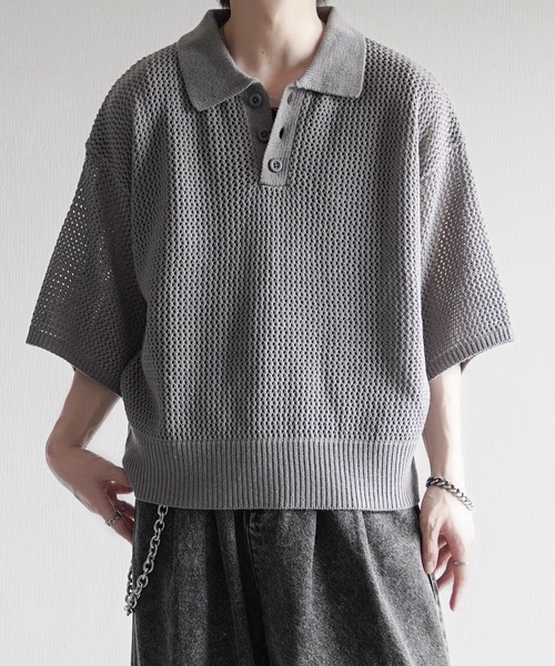 ELLUV(エルブ)の「【ELLUV/エルヴ】エレガンスラメシアー ショート丈 半袖ニットポロシャツ(ポロシャツ・メンズ・ホワイト/グレー/ネイビー/ブラック・M/S/L)」の3枚目の写真