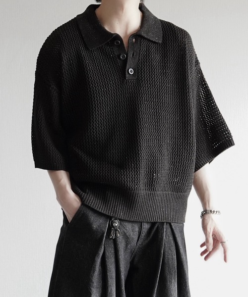 ELLUV(エルブ)の「【ELLUV/エルヴ】エレガンスラメシアー ショート丈 半袖ニットポロシャツ(ポロシャツ・メンズ・ホワイト/グレー/ネイビー/ブラック・M/S/L)」の1枚目の写真