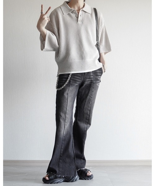 ELLUV(エルブ)の「【ELLUV/エルヴ】エレガンスラメシアー ショート丈 半袖ニットポロシャツ(ポロシャツ・メンズ・ホワイト/グレー/ネイビー/ブラック・M/S/L)」の15枚目の写真