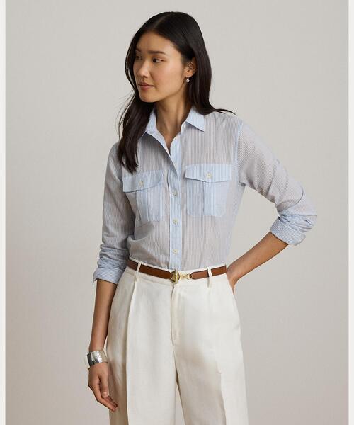 LAUREN RALPH LAUREN(ローレン ラルフ ローレン)の「クラシック フィット ストライプド コットン ボイル シャツ(シャツ/ブラウス・レディース・ブルー・S/XS/M)」の1枚目の写真