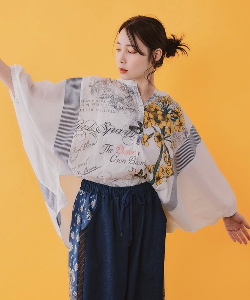 イズスカラー is ScoLar562230 お花柄ストライプ入り素材切替シャツ 562230：お花柄 ストライプ入り素材切替シャツ（シャツ/ブラウス）｜iS
