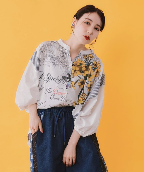 iS ScoLar(イズスカラー)の「562230:お花柄 ストライプ入り素材切替シャツ(シャツ/ブラウス・レディース・ネイビー/オフホワイト・M)」の4枚目の写真
