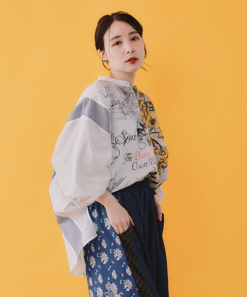 iS ScoLar(イズスカラー)の「562230:お花柄 ストライプ入り素材切替シャツ(シャツ/ブラウス・レディース・ネイビー/オフホワイト・M)」の8枚目の写真