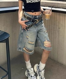 クラッシュダメージ デニムハーフパンツ