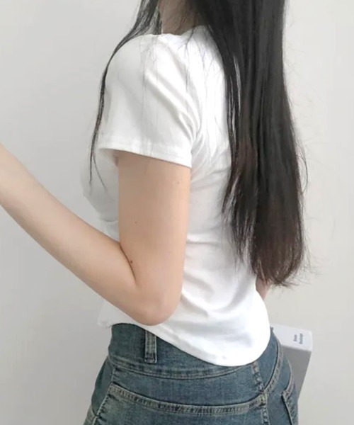 REMUR(レミュール)の「フロントギャザーリボントップス(Tシャツ/カットソー・レディース・ピンク/ブラック/ホワイト・FREE)」の8枚目の写真
