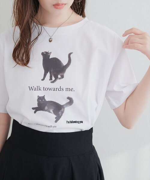 natural couture(ナチュラルクチュール)の「アソートCATフォトT(Tシャツ/カットソー・レディース・オフホワイト/スミクロ/その他1・FREE)」の1枚目の写真