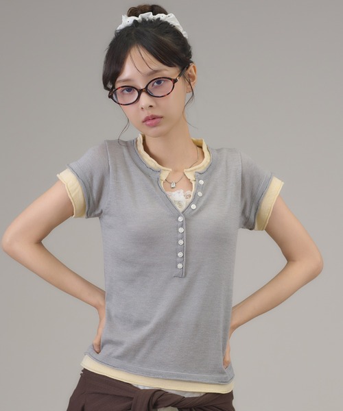apres jour mignon(アプレジュールミニョン)の「フェイクレイヤードヘンリーニット(ニット/セーター・レディース・ピンク/ダークブラウン/グレー/ブラウン系その他・フリー/LARGE)」の5枚目の写真