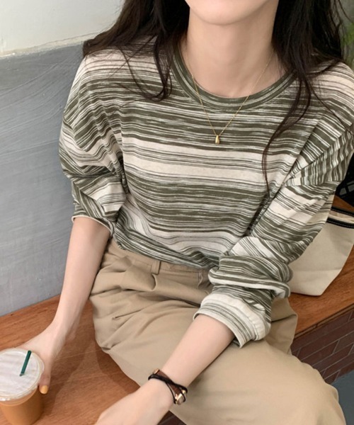 ONEP STAR(ワンピスター)の「かすれマルチボーダーロングTシャツ(Tシャツ/カットソー・レディース・ブルー/グリーン/ピンク/ブラック・LARGE/MEDIUM/X-LARGE)」の12枚目の写真
