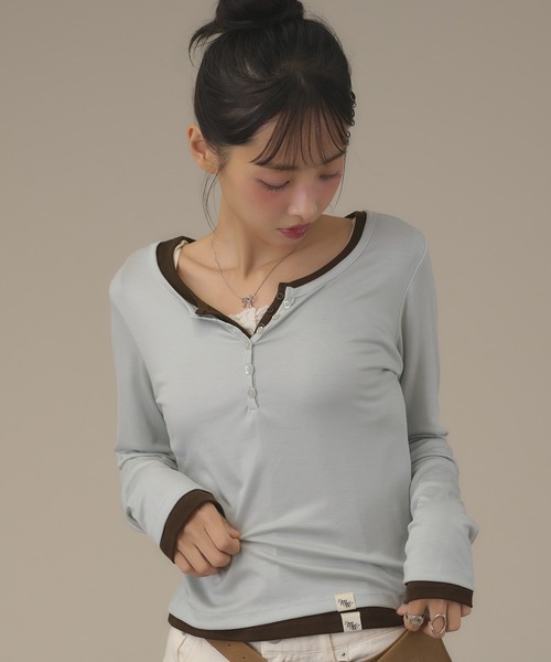apres jour mignon(アプレジュールミニョン)の「シアーヘンリートップス(Tシャツ/カットソー・レディース・ブラウン系その他/グリーン/グレー/オフホワイト/ボルドー/ブルー・フリー/LARGE)」の5枚目の写真