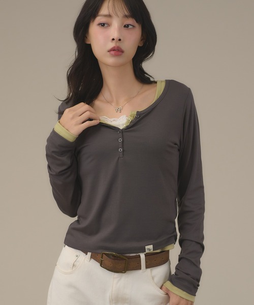 apres jour mignon(アプレジュールミニョン)の「シアーヘンリートップス(Tシャツ/カットソー・レディース・ブラウン系その他/グリーン/グレー/オフホワイト/ボルドー/ブルー・フリー/LARGE)」の10枚目の写真