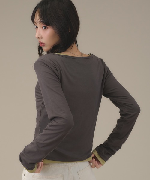 apres jour mignon(アプレジュールミニョン)の「シアーヘンリートップス(Tシャツ/カットソー・レディース・ブラウン系その他/グリーン/グレー/オフホワイト/ボルドー/ブルー・フリー/LARGE)」の12枚目の写真