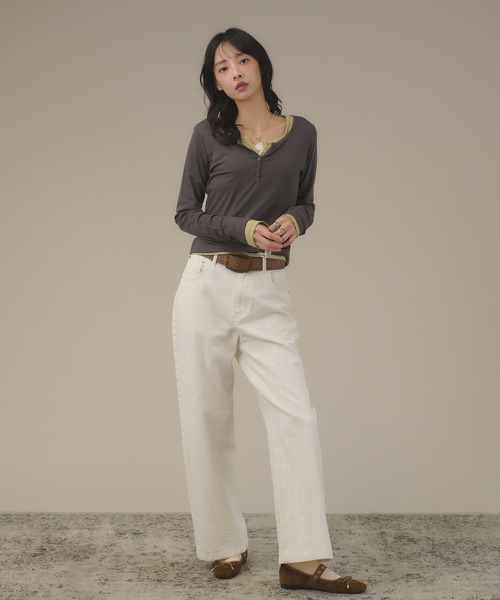 apres jour mignon(アプレジュールミニョン)の「シアーヘンリートップス(Tシャツ/カットソー・レディース・ブラウン系その他/グリーン/グレー/オフホワイト/ボルドー/ブルー・フリー/LARGE)」の13枚目の写真