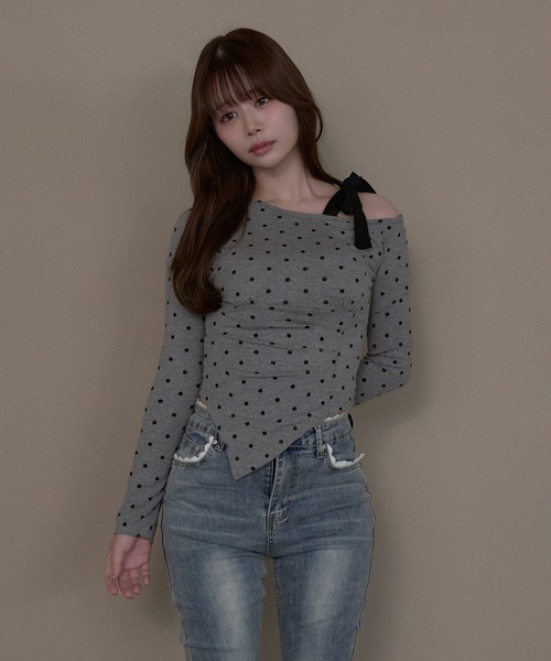 M DOLLY(エムドリー)の「Dot sylvie ribbon tops / ドットシルヴィリボントップス(Tシャツ/カットソー・レディース・ブラック/グレー/ホワイト・FREE)」の3枚目の写真