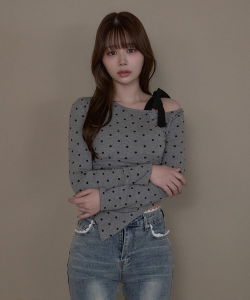 M DOLLY(エムドリー)の「Dot sylvie ribbon tops / ドットシルヴィリボントップス(Tシャツ/カットソー・レディース・ブラック/グレー/ホワイト・FREE)」の16枚目の写真