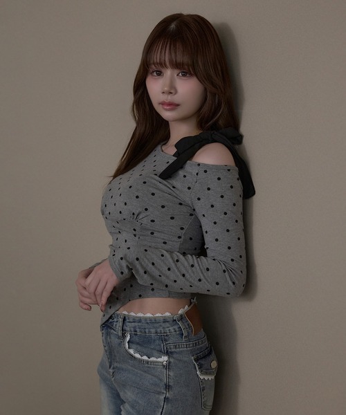 M DOLLY(エムドリー)の「Dot sylvie ribbon tops / ドットシルヴィリボントップス(Tシャツ/カットソー・レディース・ブラック/グレー/ホワイト・FREE)」の17枚目の写真