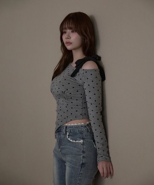 M DOLLY(エムドリー)の「Dot sylvie ribbon tops / ドットシルヴィリボントップス(Tシャツ/カットソー・レディース・ブラック/グレー/ホワイト・FREE)」の18枚目の写真
