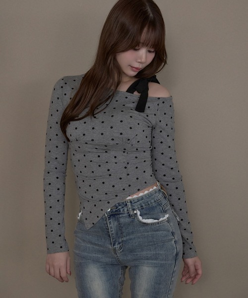 M DOLLY(エムドリー)の「Dot sylvie ribbon tops / ドットシルヴィリボントップス(Tシャツ/カットソー・レディース・ブラック/グレー/ホワイト・FREE)」の19枚目の写真