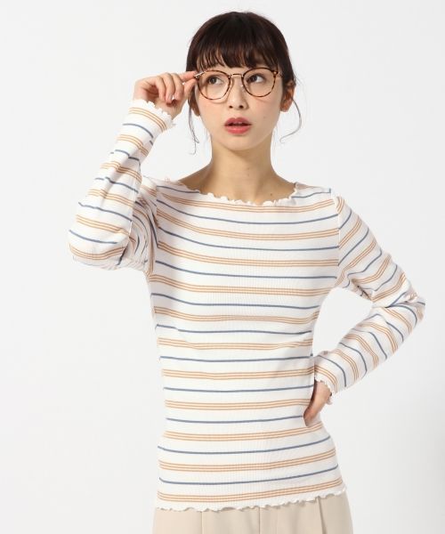 LOWRYS FARM(ローリーズファーム)の「アソートメローボートネック 784508 (Tシャツ/カットソー・レディース・ブラック/パープル/オフホワイト/イエロー/ブルー/ホワイト×ブラック・MEDIUM/LARGE)」の6枚目の写真