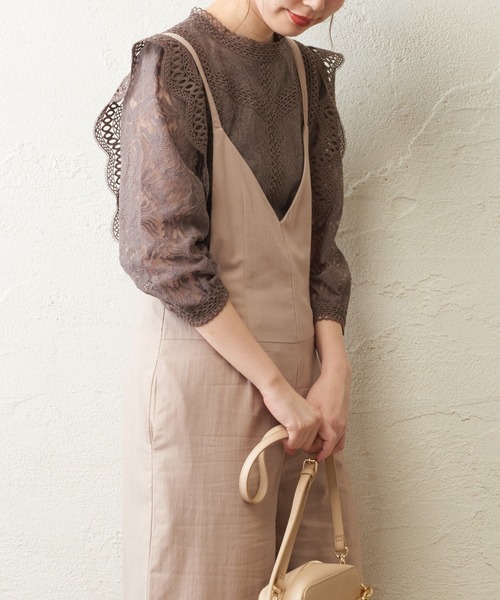 natural couture（ナチュラルクチュール）の「ラッセルレース7分袖ブラウス（シャツ/ブラウス・レディース・ブラック/ブラウン/オフホワイト/ピンク・FREE）」の3枚目の写真