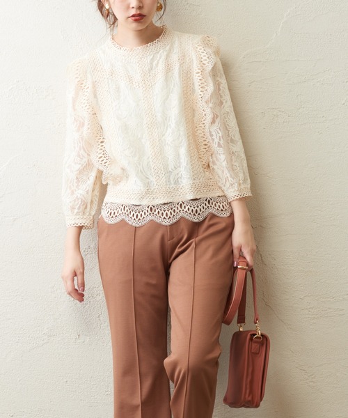 natural couture（ナチュラルクチュール）の「ラッセルレース7分袖ブラウス（シャツ/ブラウス・レディース・ブラック/ブラウン/オフホワイト/ピンク・FREE）」の2枚目の写真