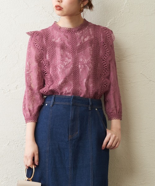 natural couture（ナチュラルクチュール）の「ラッセルレース7分袖ブラウス（シャツ/ブラウス・レディース・ブラック/ブラウン/オフホワイト/ピンク・FREE）」の4枚目の写真