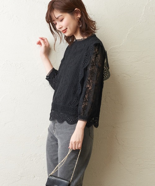 natural couture（ナチュラルクチュール）の「ラッセルレース7分袖ブラウス（シャツ/ブラウス・レディース・ブラック/ブラウン/オフホワイト/ピンク・FREE）」の6枚目の写真