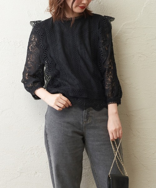 natural couture（ナチュラルクチュール）の「ラッセルレース7分袖ブラウス（シャツ/ブラウス・レディース・ブラック/ブラウン/オフホワイト/ピンク・FREE）」の5枚目の写真