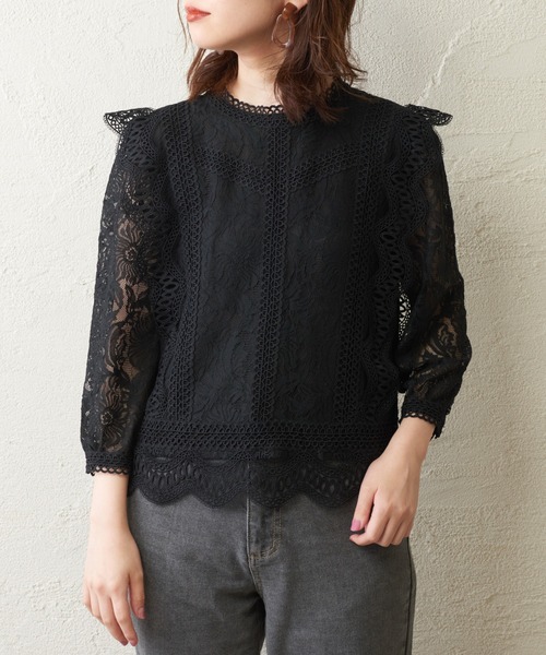 natural couture（ナチュラルクチュール）の「ラッセルレース7分袖ブラウス（シャツ/ブラウス・レディース・ブラック/ブラウン/オフホワイト/ピンク・FREE）」の14枚目の写真