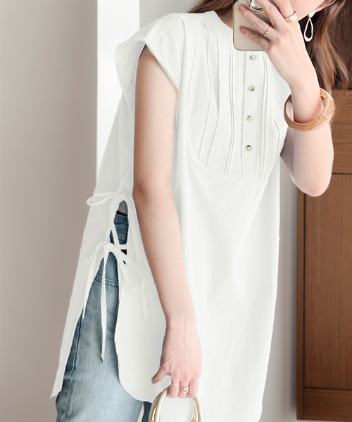 classicalelf（クラシカルエルフ）の「360度愛され。コットン100％フレンチスリーブドレスシャツ（シャツ/ブラウス・レディース・ホワイト/ブラック/グレイッシュベージュ/ブルー・MEDIUM/X-LARGE/LARGE/SMALL）」の9枚目の写真