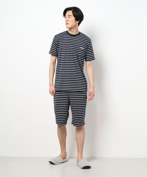 HANES（ヘインズ）の「【完売】《HANES》ボーダー 天竺 半袖Tシャツ＆5分丈パンツ（ルームウェア/パジャマ・メンズ・ネイビー/グレー/カーキ/ブルー・LL/M/L）」の3枚目の写真