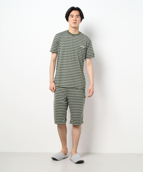 HANES（ヘインズ）の「【完売】《HANES》ボーダー 天竺 半袖Tシャツ＆5分丈パンツ（ルームウェア/パジャマ・メンズ・ネイビー/グレー/カーキ/ブルー・LL/M/L）」の2枚目の写真