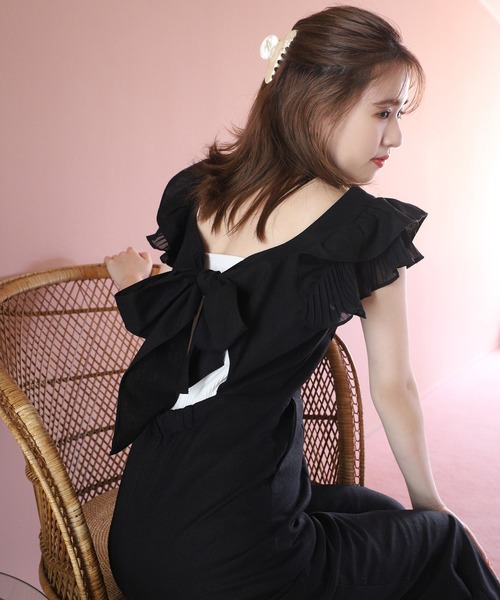 one after another NICE CLAUP(ワンアフターアナザーナイスクラップ)の「バックリボンサロペット(サロペット/オーバーオール・レディース・ブラック/アイボリー/ストライプ・FREE)」の6枚目の写真