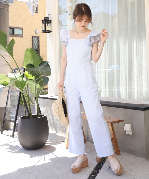 one after another NICE CLAUP(ワンアフターアナザーナイスクラップ)の「バックリボンサロペット(サロペット/オーバーオール・レディース・ブラック/アイボリー/ストライプ・FREE)」の14枚目の写真