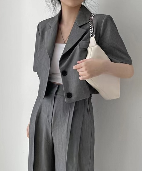 Doula Doula（ドゥーラドゥーラ）の「半袖ジャケット＋タックパンツセットアップ　2点セット（セットアップ・レディース・ブラック/グレー/ブラウン/ネイビー/ベージュ・FREE）」の7枚目の写真