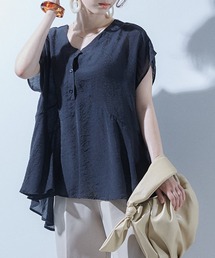 【上品な光沢素材】フロントボタンフレンチスリーブトップス