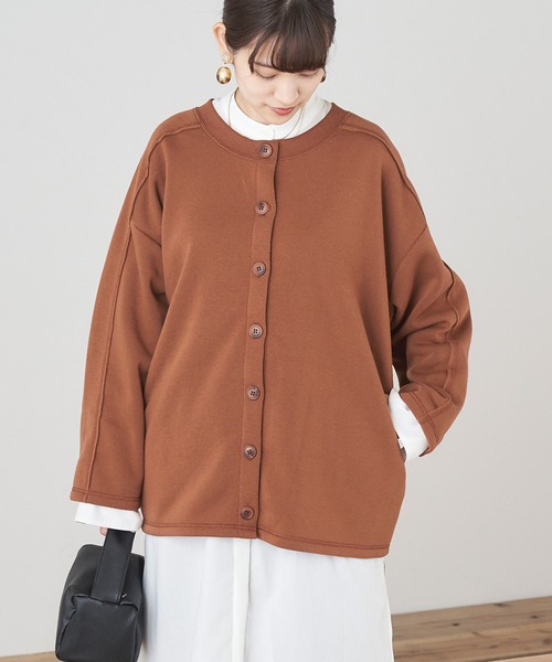 Chaco closet（チャコ クローゼット）の「オーバーサイズクルーネックスウェット2WAYカーデ（カーディガン/ボレロ・レディース・モカ/ダークオレンジ/ブラック/アイボリー/モスグリーン/カーキ/ブルーグレー/マスタード/ライトグリーン/ピンク・FREE）」の13枚目の写真