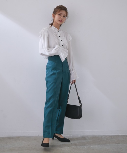 VIS（ビス）の「【WEB限定】ピンタックで脚長！ハイウエスト起毛カラーパンツ（スラックス・レディース・オレンジ/グリーン/ラベンダー/キナリ・SS/S/M/L）」の10枚目の写真