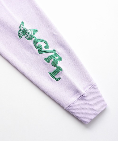 X-girl(エックスガール)の「FLOWERS LOGO SWEAT HOODIE(パーカー・レディース・ライトパープル/オリーブ/チャコール・S/XL/M/L)」の12枚目の写真