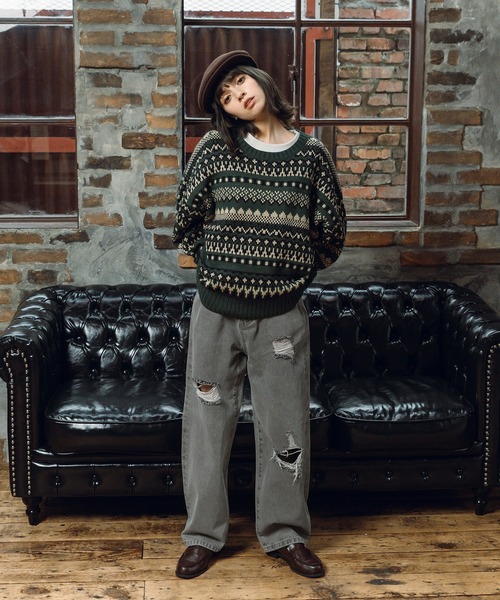 MUHET（ミュエータ）の「ハイウエストダメージデニムパンツ（デニムパンツ・レディース・ダークブラウン/グレー/サックスブルー・MEDIUM/SMALL/LARGE）」の11枚目の写真