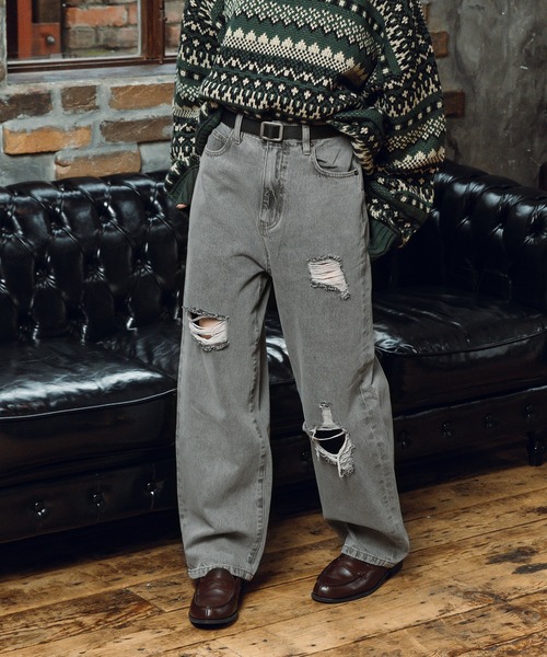 MUHET（ミュエータ）の「ハイウエストダメージデニムパンツ（デニムパンツ・レディース・ダークブラウン/グレー/サックスブルー・MEDIUM/SMALL/LARGE）」の9枚目の写真