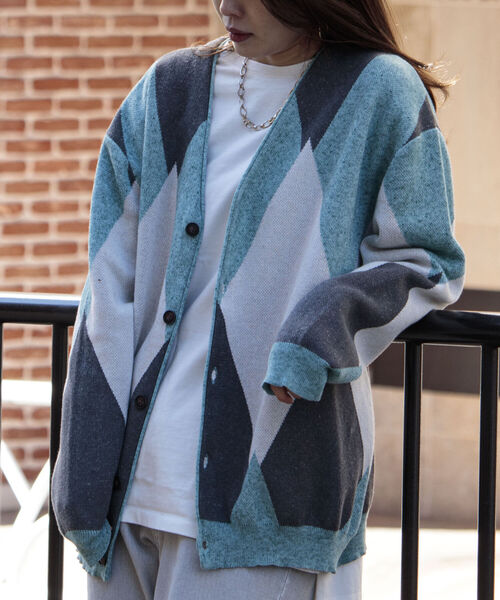 GLOSTER（グロスター）の「【GLOSTER/グロスター】ストローヤーン アーガイルカーディガン（カーディガン/ボレロ・メンズ・ブラック系その他/グリーン系その他/ピンク系その他・FREE）」の2枚目の写真