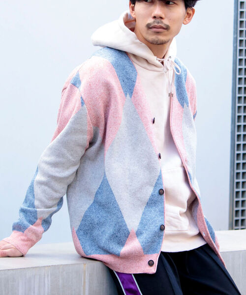 GLOSTER（グロスター）の「【GLOSTER/グロスター】ストローヤーン アーガイルカーディガン（カーディガン/ボレロ・メンズ・ブラック系その他/グリーン系その他/ピンク系その他・FREE）」の3枚目の写真