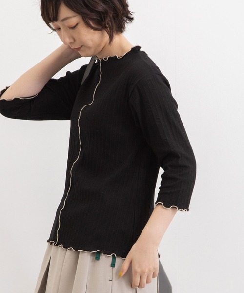 POU DOU DOU（プードゥドゥ）の「変則テレコ配色メローTee（Tシャツ/カットソー・レディース・グリーン/アイボリー/ブラック/オレンジ・3）」の2枚目の写真