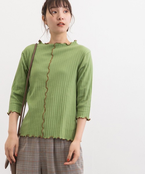 POU DOU DOU（プードゥドゥ）の「変則テレコ配色メローTee（Tシャツ/カットソー・レディース・グリーン/アイボリー/ブラック/オレンジ・3）」の8枚目の写真