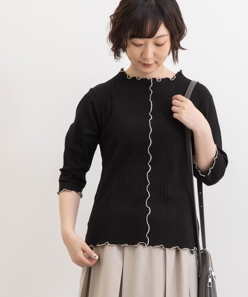 POU DOU DOU（プードゥドゥ）の「変則テレコ配色メローTee（Tシャツ/カットソー・レディース・グリーン/アイボリー/ブラック/オレンジ・3）」の6枚目の写真