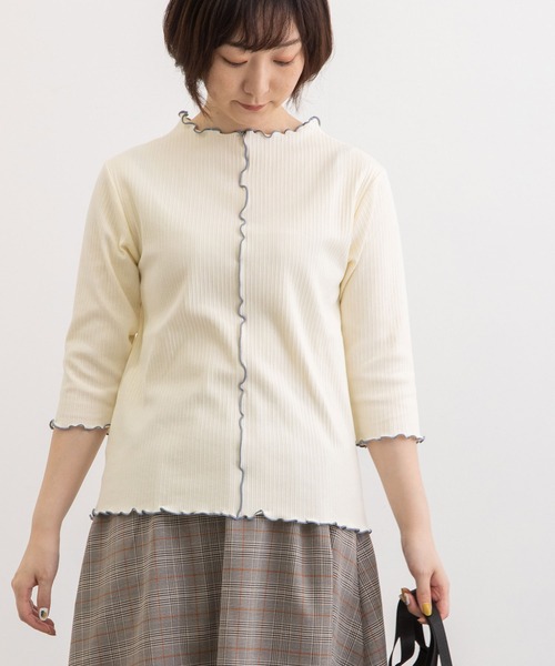 POU DOU DOU（プードゥドゥ）の「変則テレコ配色メローTee（Tシャツ/カットソー・レディース・グリーン/アイボリー/ブラック/オレンジ・3）」の7枚目の写真