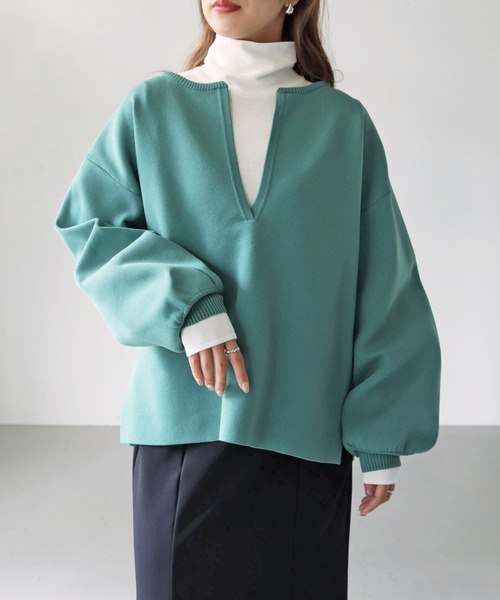 HER CLOSET(ハークローゼット)の「【shemoshelly】ボーダー深キーネックダンボールニット(ニット/セーター・レディース・ブラック/グリーン/アイボリー/ホワイト×ブラック/ブラウン系その他/テラコッタ・M)」の6枚目の写真