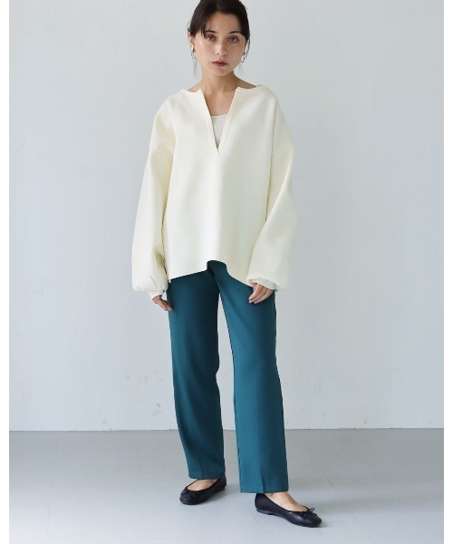 HER CLOSET(ハークローゼット)の「【shemoshelly】ボーダー深キーネックダンボールニット(ニット/セーター・レディース・ブラック/グリーン/アイボリー/ホワイト×ブラック/ブラウン系その他/テラコッタ・M)」の7枚目の写真