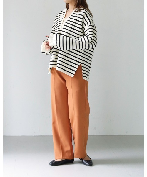 HER CLOSET(ハークローゼット)の「【shemoshelly】ボーダー深キーネックダンボールニット(ニット/セーター・レディース・ブラック/グリーン/アイボリー/ホワイト×ブラック/ブラウン系その他/テラコッタ・M)」の15枚目の写真