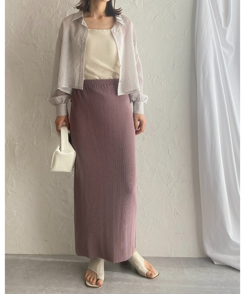 She's Closet（シーズクローゼット）の「セルフカットIラインハイウエスト細プリーツロングスカート（スカート・レディース・ブラック/ダークグリーン/アイボリー/マスタード/スモークピンク/テラコッタ/ブルーグレー/グリーン/ピンク/グレイッシュベージュ/レッド/ネイビー/グリーン系その他・FREE）」の17枚目の写真